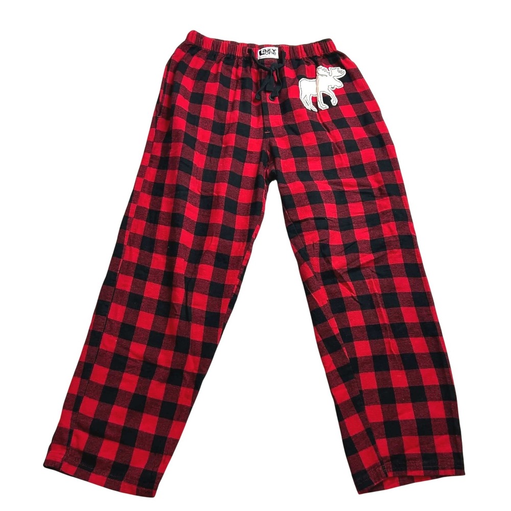 Lazy One Unisex Red Black Buffalo Plaid Moose Pajama Pants Small Cotton Lounge
